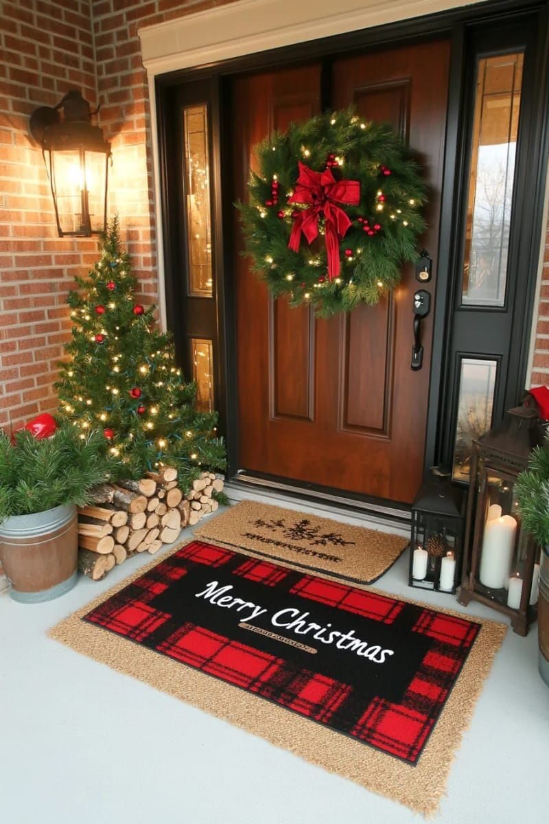 23. Layered Doormats with Plaid Under a Jute Greeting Mat
