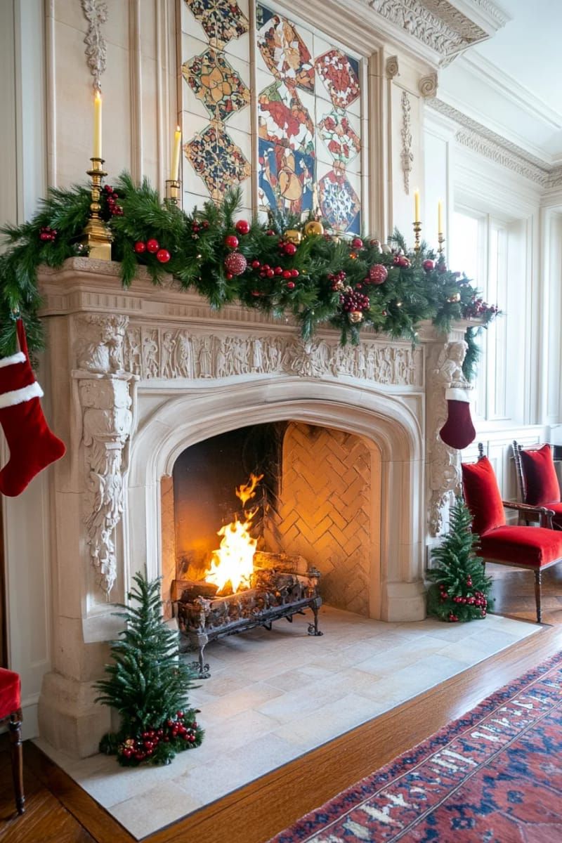 25. Seasonal greenery and berries along fireplace tile