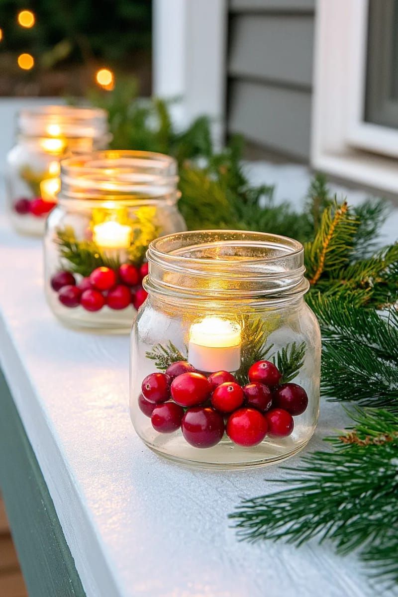 23. Mason Jars With Candles, Cranberries, and Greenery
