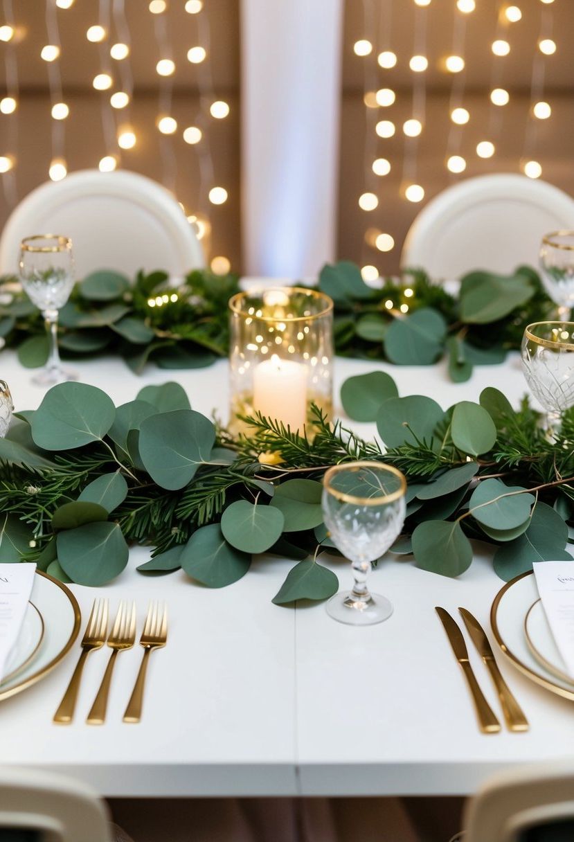 4) Eucalyptus garland strung with gold lights