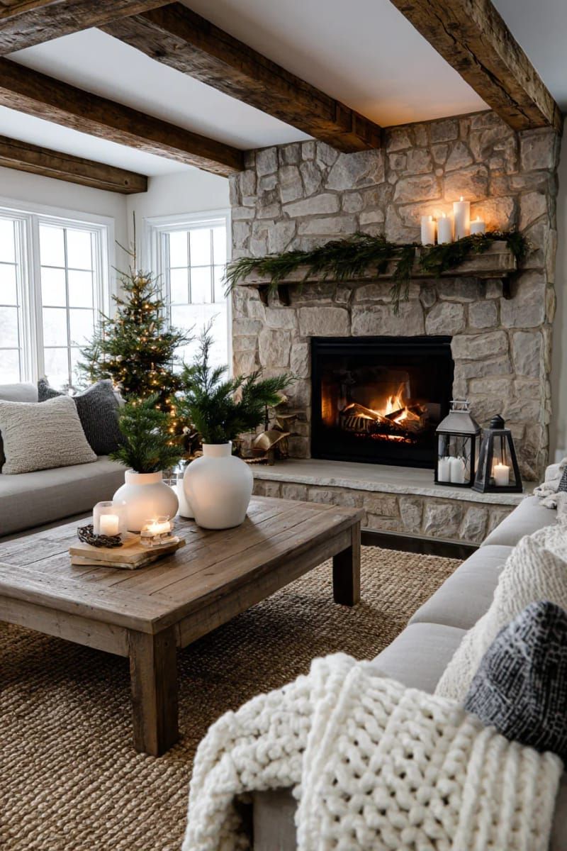 28. Minimalist pine branches displayed in white ceramic vases for a Nordic vibe