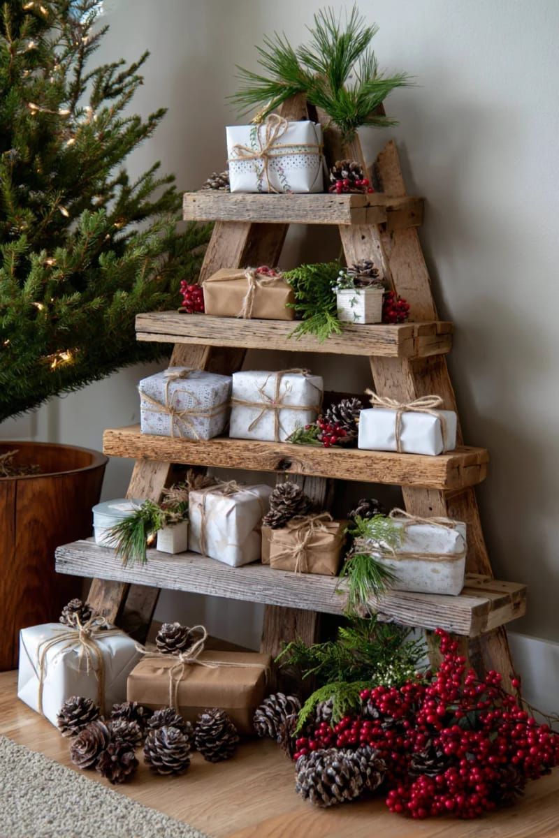 10. Pallet shelf tree with gifts and greenery - photo 3