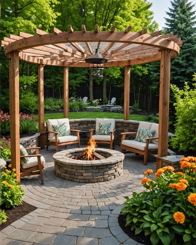 Raised Paver Fire Pit Under a Pergola