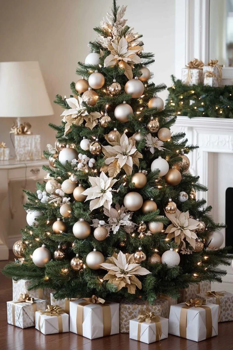 28. Gold and White Ornament Clusters on Tree