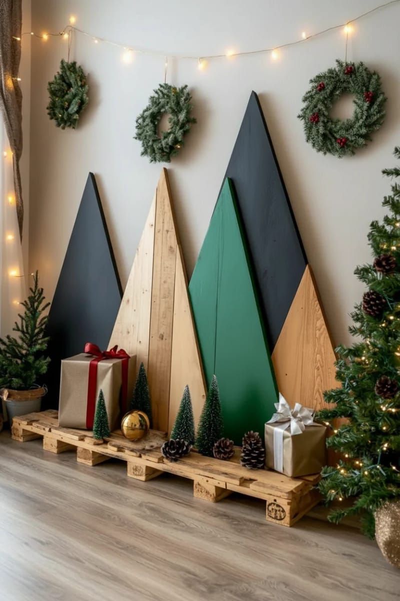 12. Geometric triangle pallet trees in bold colors