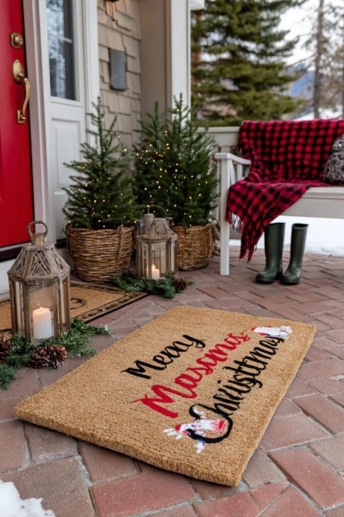 24. Mini Fir Trees Frame a Festive Doormat