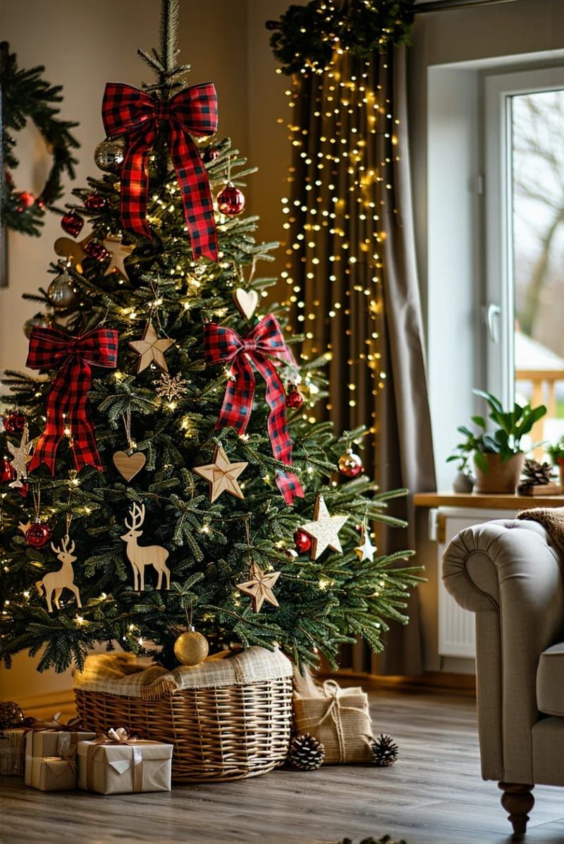 9. Plaid bows and wooden ornaments for country charm