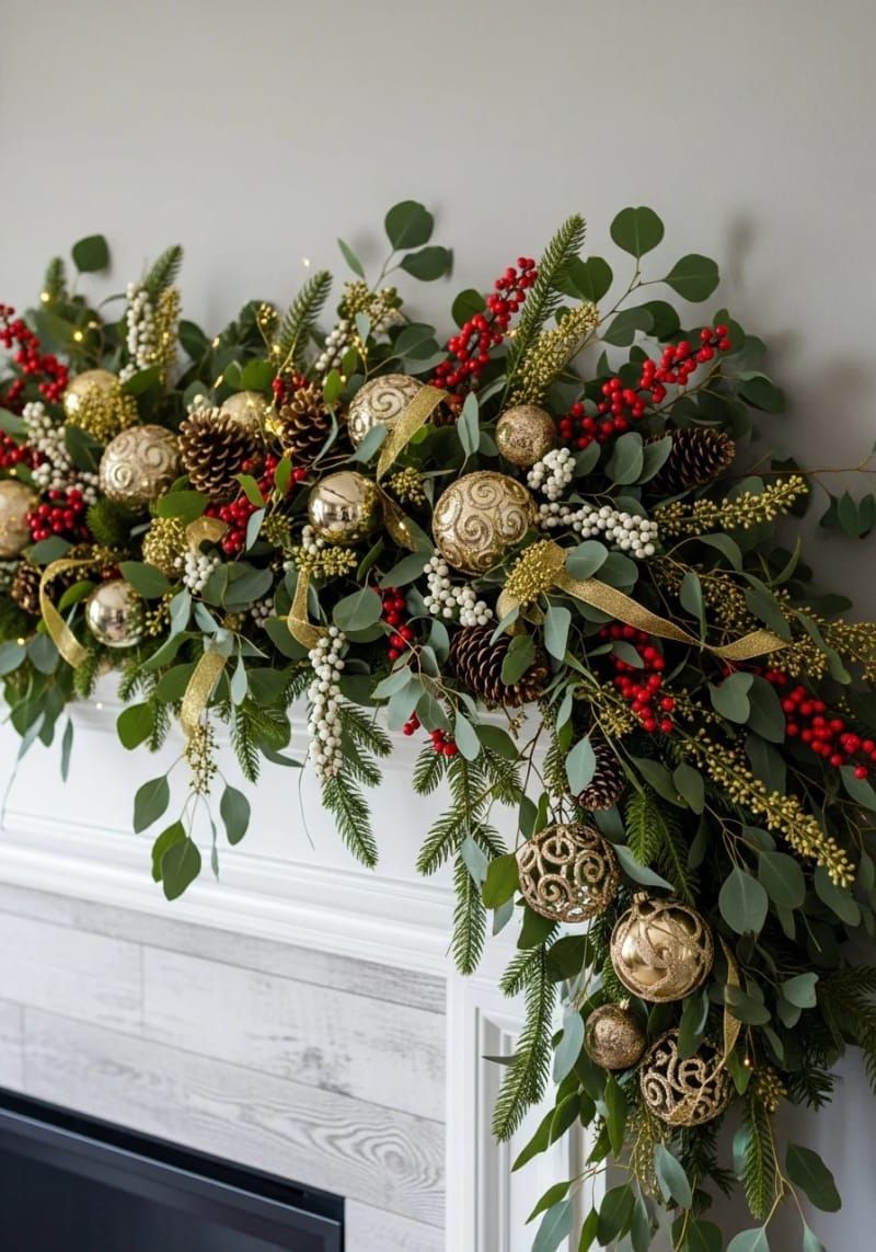 29. Gold-accented mantel with eucalyptus and berries