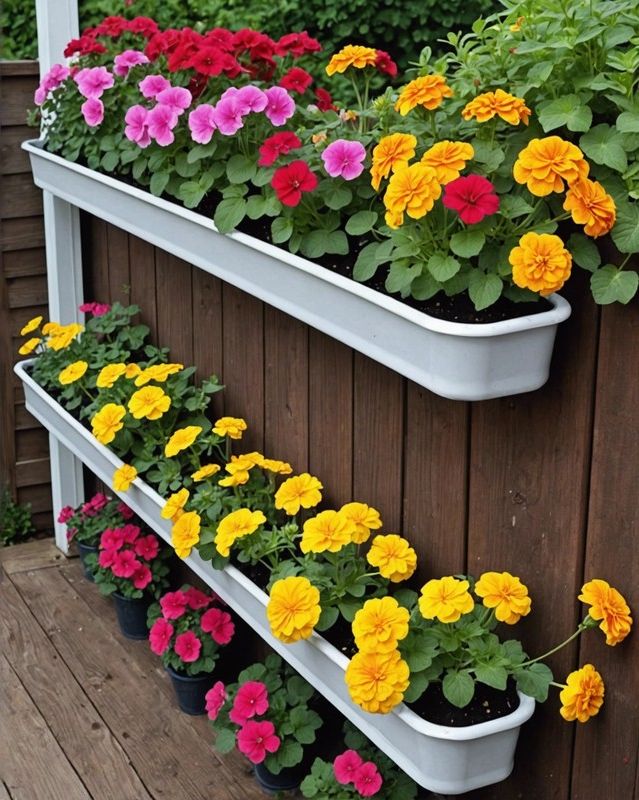 Rain Gutter Planter with Geraniums, Petunias, and Marigolds