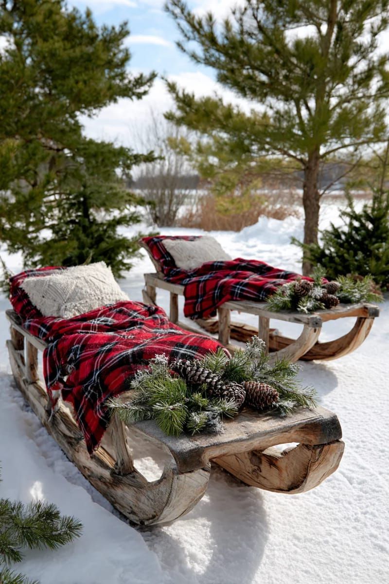 21. Wooden Sleds Styled With Plaid Blankets and Pine