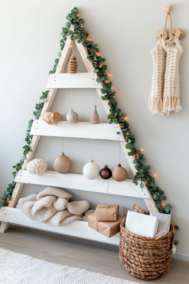 8. White pallet tree with eucalyptus and wood beads