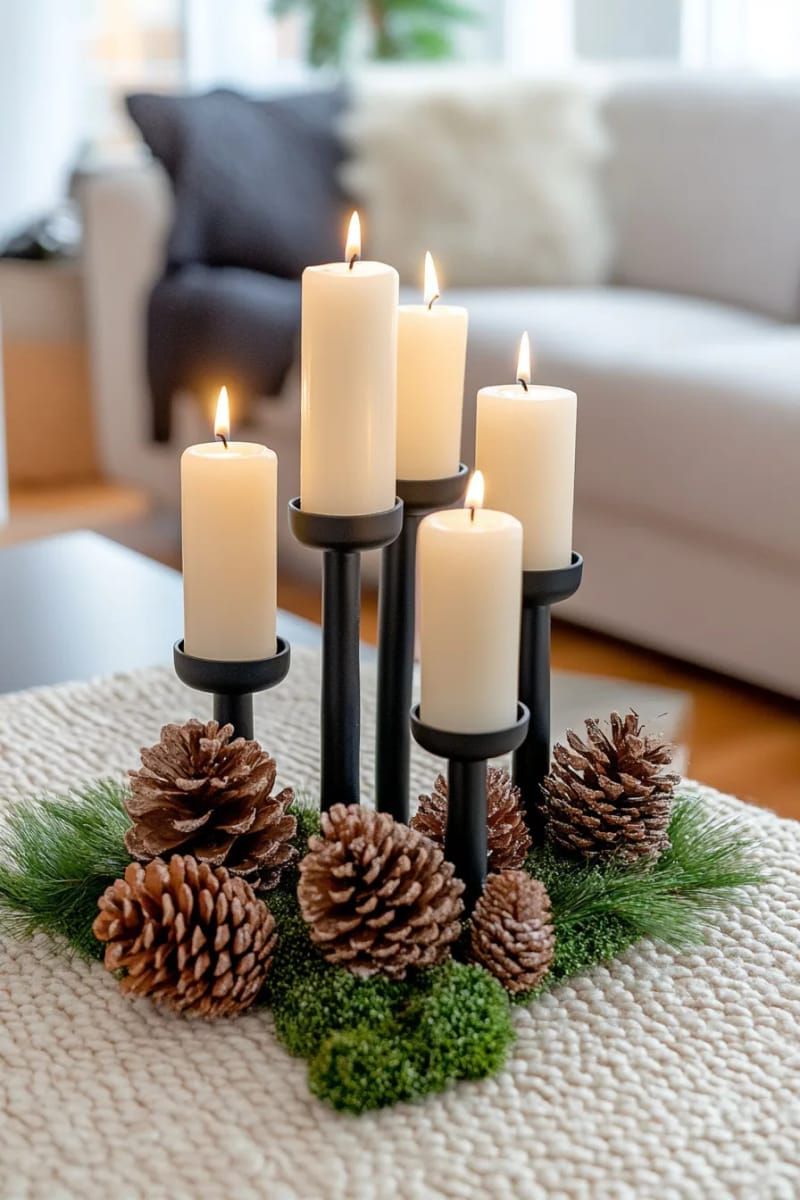 14. Black Candle Holders With Pinecones And Moss - photo 2