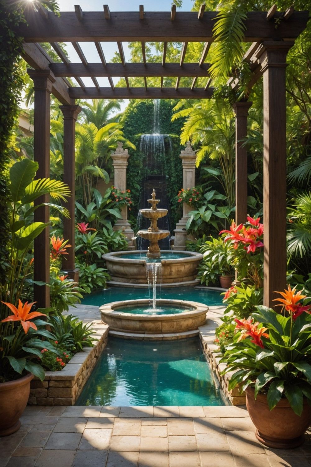 Soothing Poolside Fountain Features