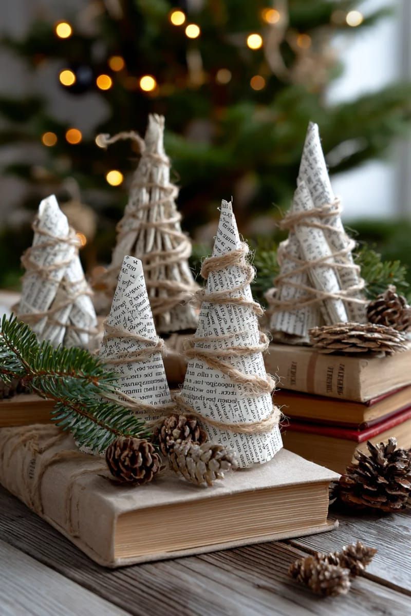 1. Small Christmas trees crafted from rolled book pages and twine decorations