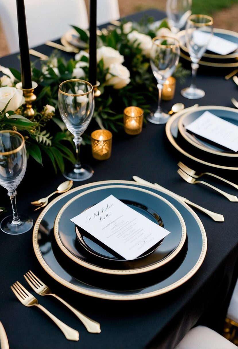 1) Black table with gold-rimmed dinner plates
