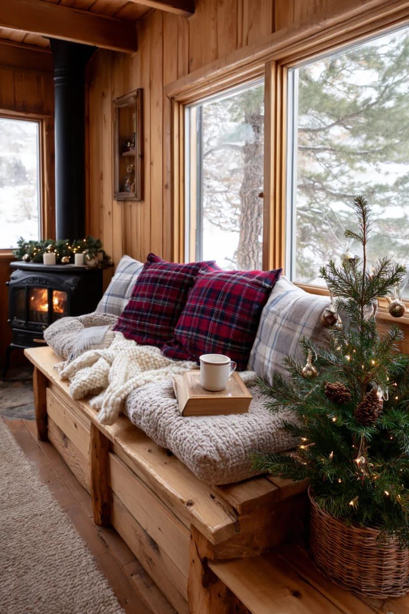 15. Cozy Reading Nook with Plaid Cushions and Basket Tree