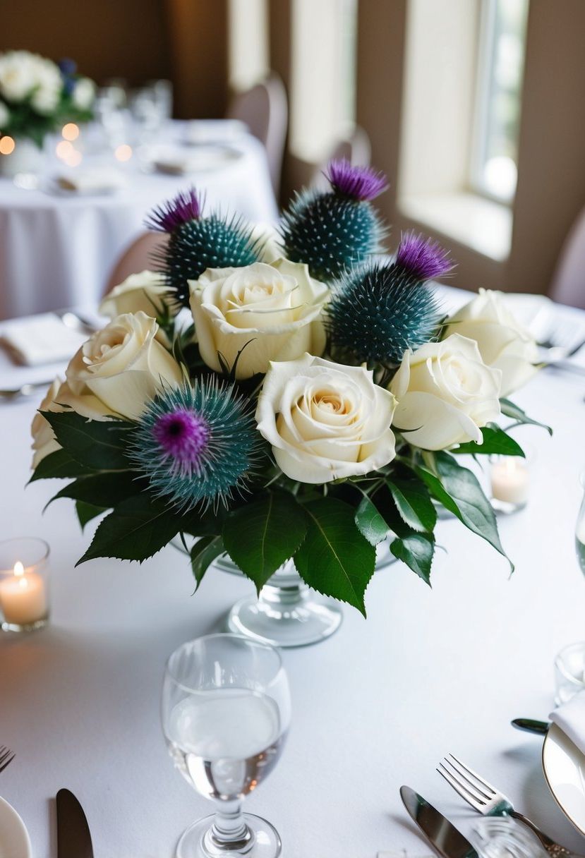 14) White roses paired with blue thistles