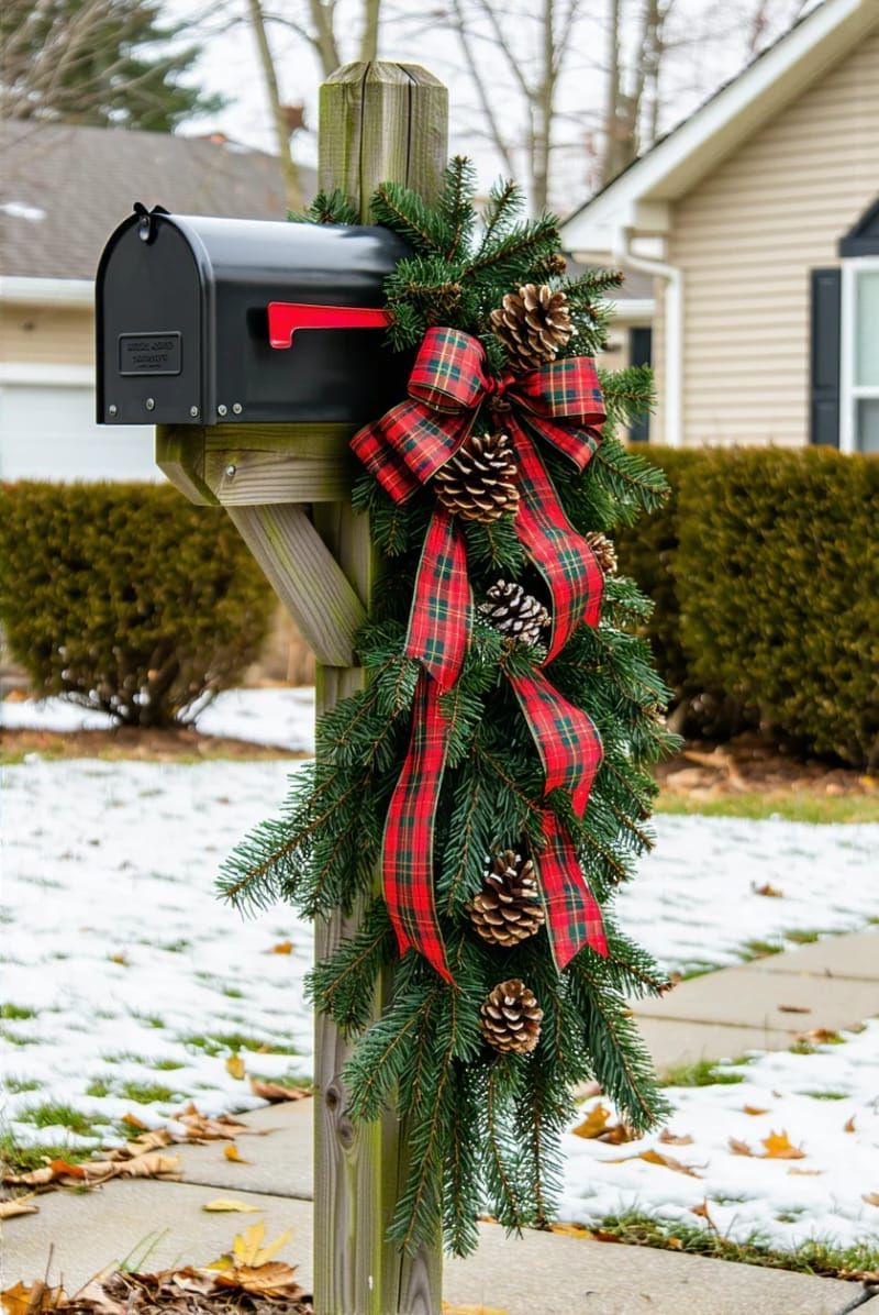 22. Mailbox Décor With Plaid Ribbon and Pinecones