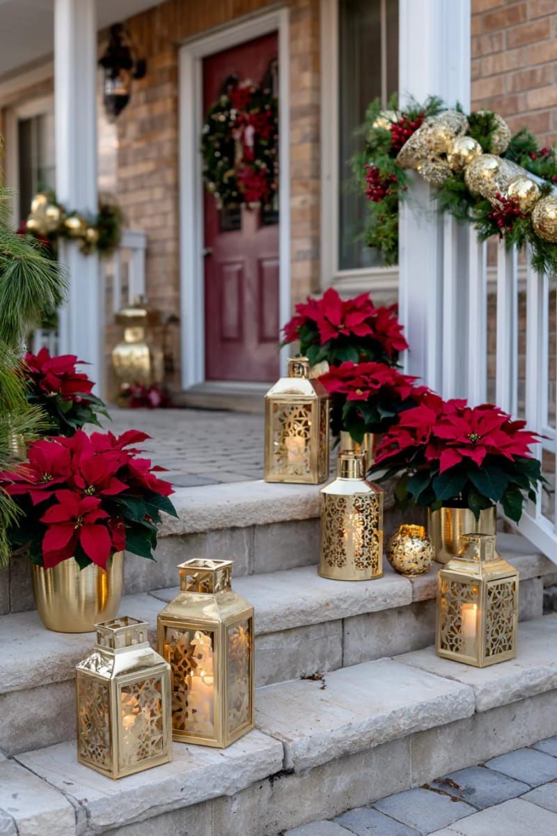 9. Gold Lanterns And Red Poinsettias Along The Steps - photo 3