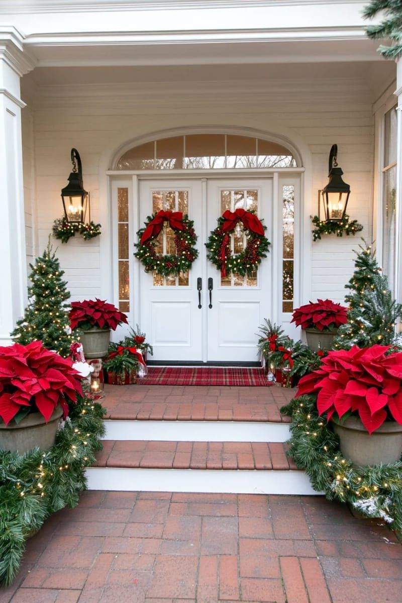 20. Poinsettia Planters with Garland and Red Ribbon