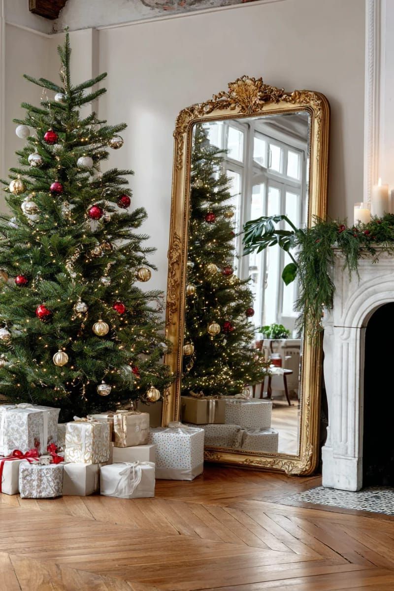 29. Gold-framed mirror reflecting a lit Christmas tree - photo 3