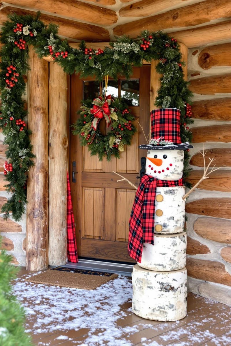 13. Birch Log Snowman by the Entryway