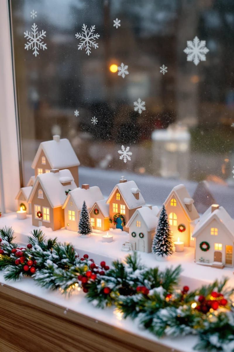 22. Festive window sill village scene with glowing tea lights - photo 2