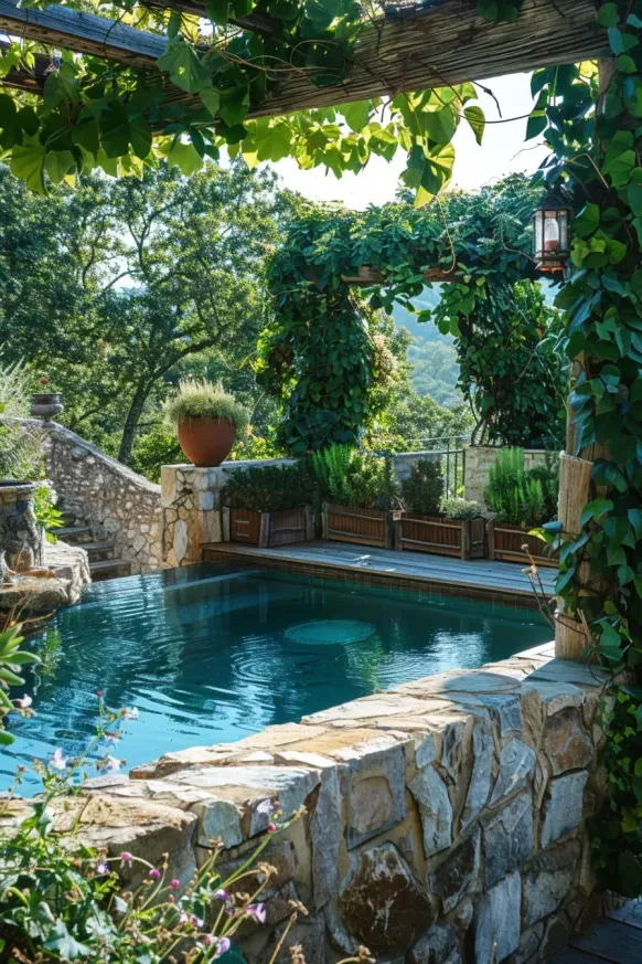Stone-Accented Pool with a Green Backdrop
