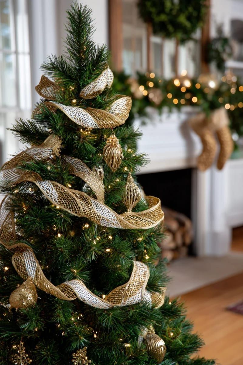 20. Gold mesh ribbon woven through deep green branches
