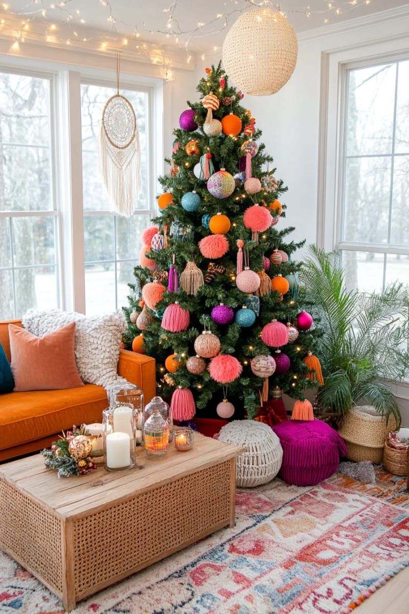 4. Bohemian Tree With Pom-Poms and Macrame