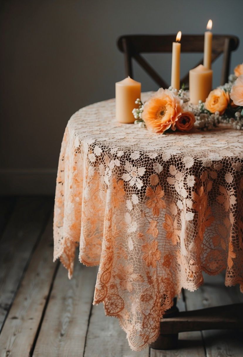 8) Vintage Apricot Lace Tablecloth