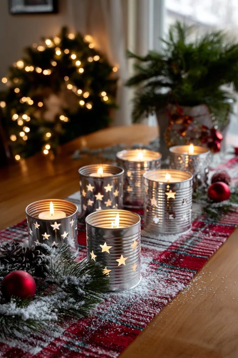 3. Lanterns made from soup cans featuring star-shaped cutouts and tea lights inside