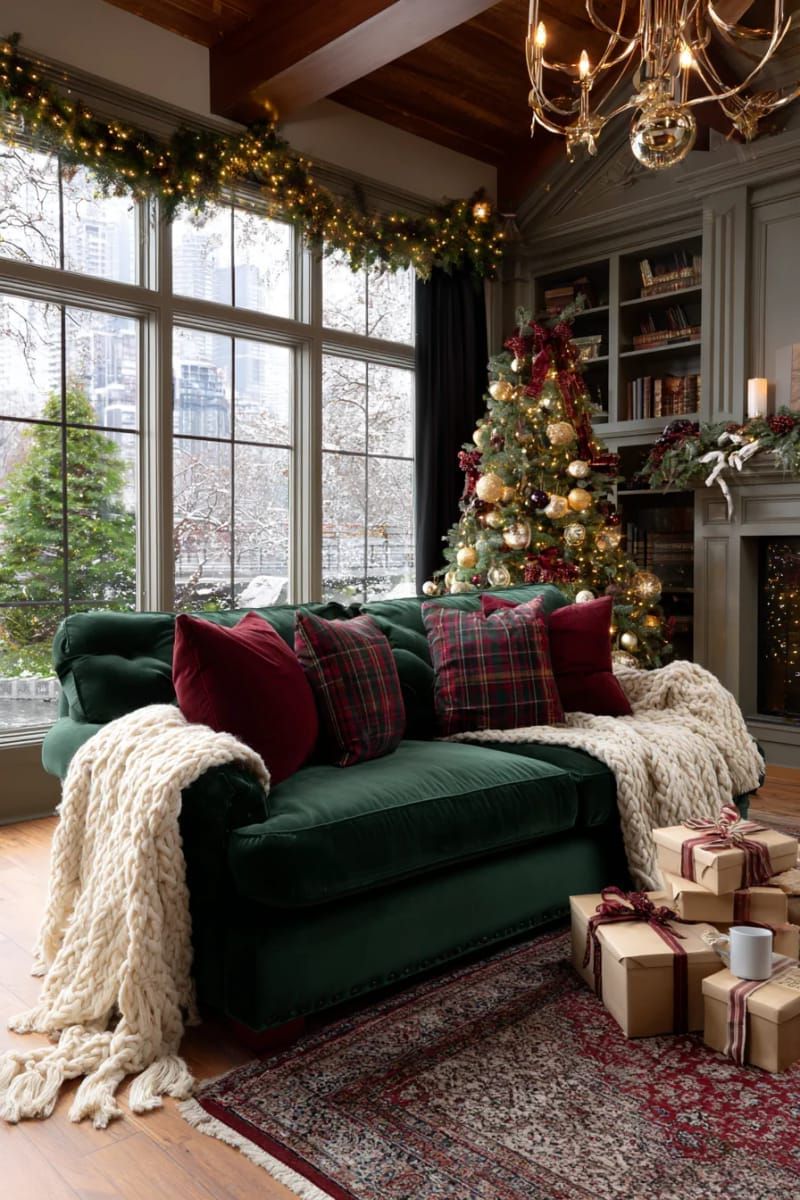 18. Green velvet couch adorned with plaid festive cushions and warm, chunky knit blankets - photo 2