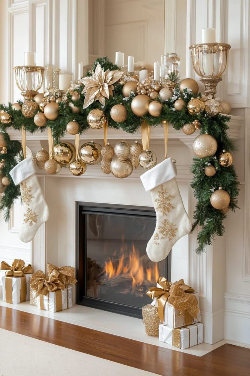 8. Gold and White Mantel With Layered Greenery