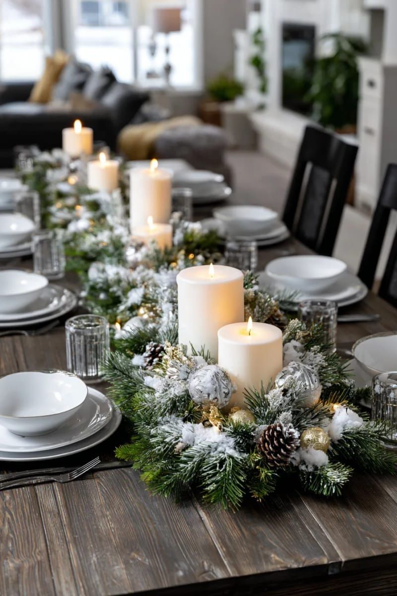 15. Frosted Faux Greenery Runner With Pillar Candles - photo 2