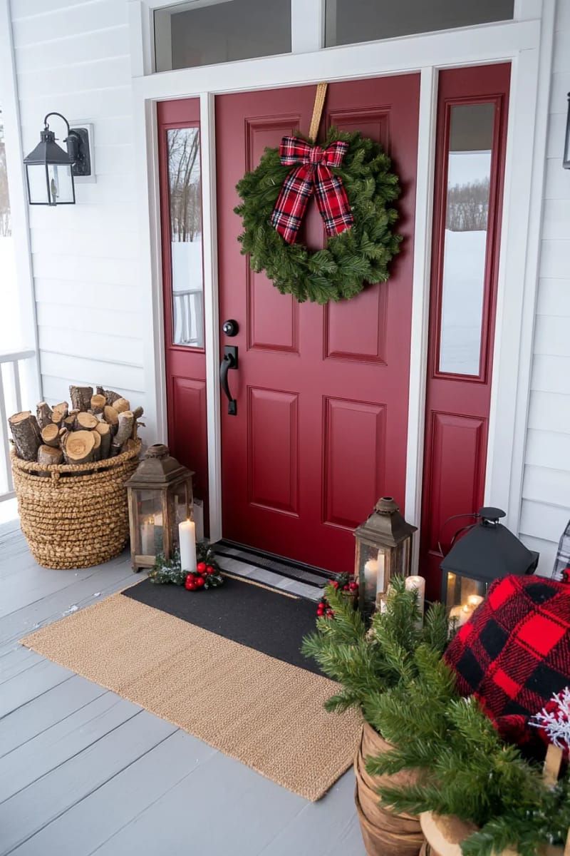7. Farmhouse Wreath with Plaid Bow and Berries