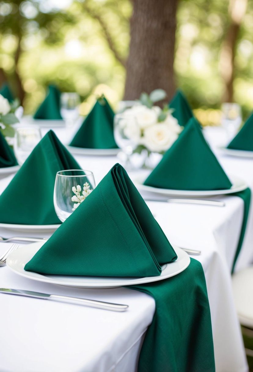 3) Dark Green Napkins Over White Linens