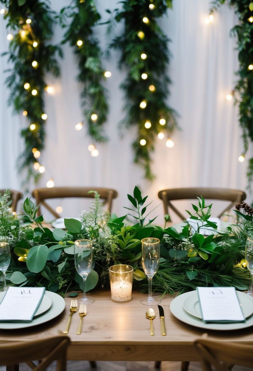 2) Pair Fairy Lights With Greenery for a Table Runner