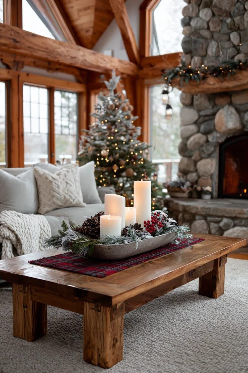 3. Rustic wooden tray centerpiece with pillar candles, pinecones, and greenery