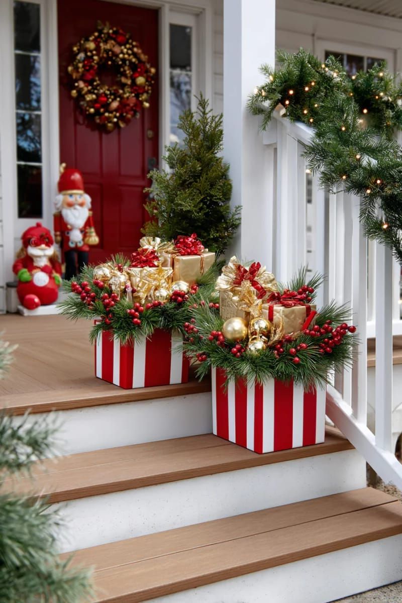 4. Candy Cane Planters With Gold Gifts And Red Berries - photo 2