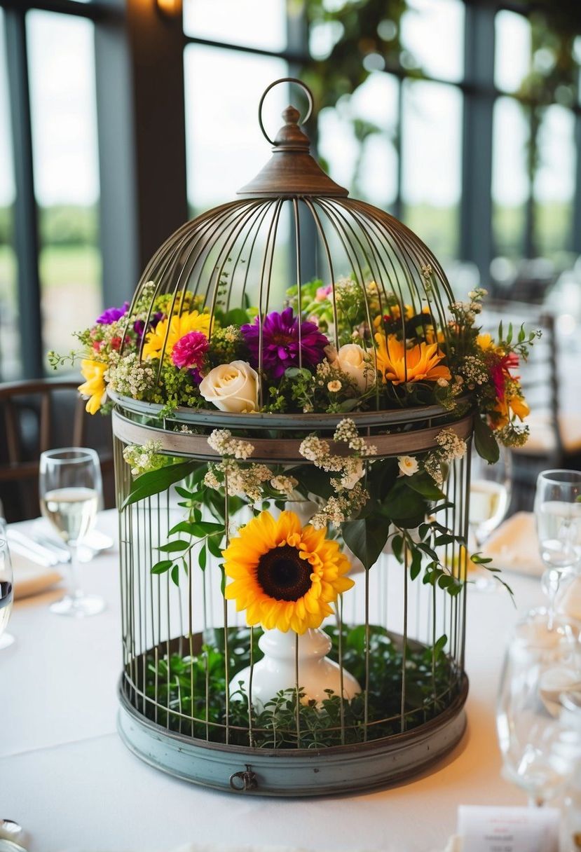 6) Birdcage arrangement with flowers