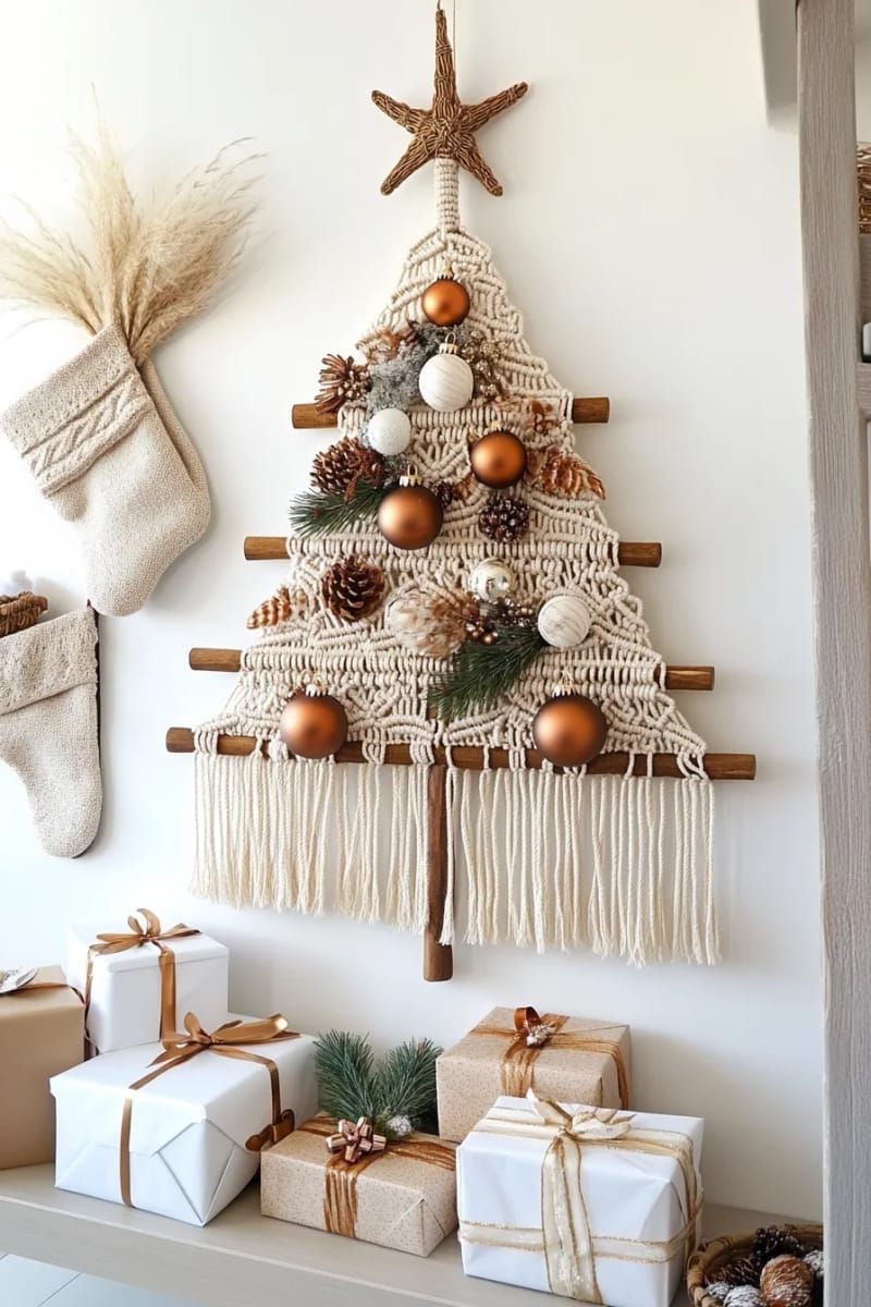 8. Boho Tree With Feathers and Macramé Accents