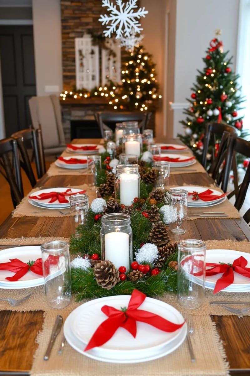 1. Pinecone and Jar Candle Centerpiece with Ribbon