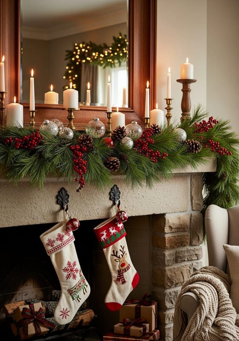 3. Mantle decorated with pine garland and berries - photo 3