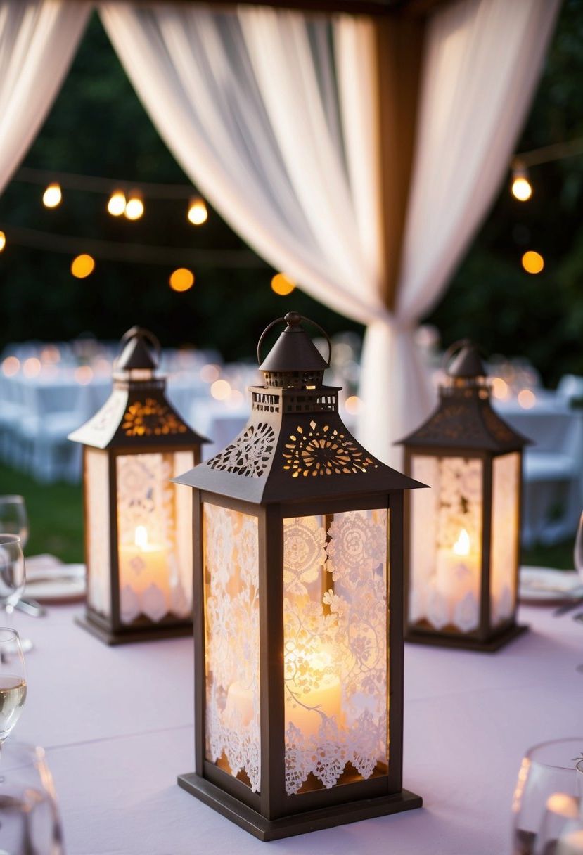 9) Lace-wrapped lanterns for soft lighting