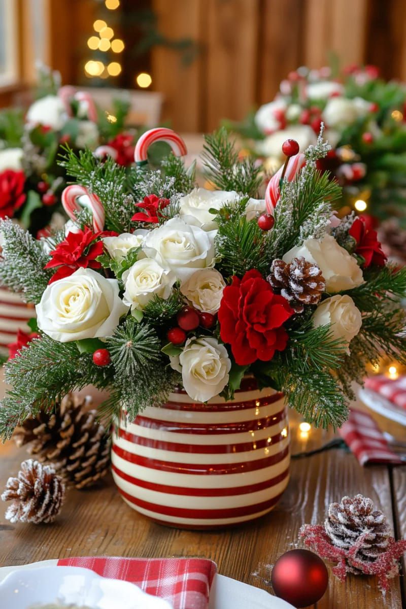 14. Candy Cane Vases with White Flowers