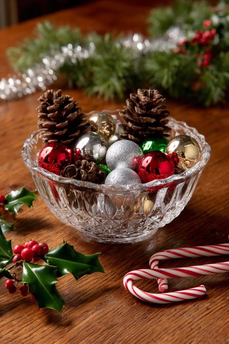 4. Vintage Punch Bowl Filled with Ornaments and Pinecones - photo 2