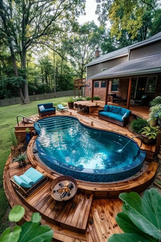 28. Enjoy a Warm and Cozy Evening on Our Rustic Wooden Deck with Built-in Seating and Fire Pit