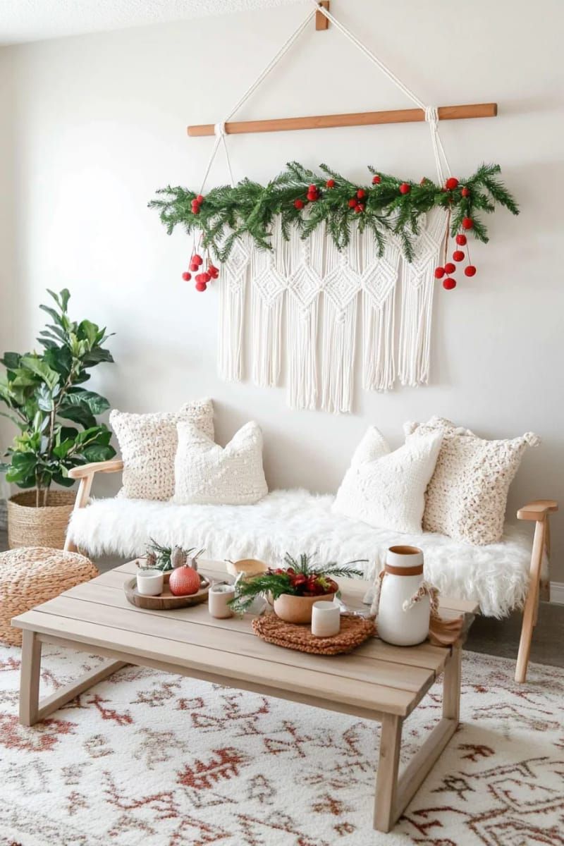 21. Macrame Wall Hanging with Red Pom-Poms