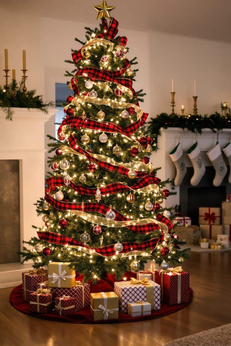 5. Traditional red and gold holiday tree adorned with plaid ribbon and retro ornaments